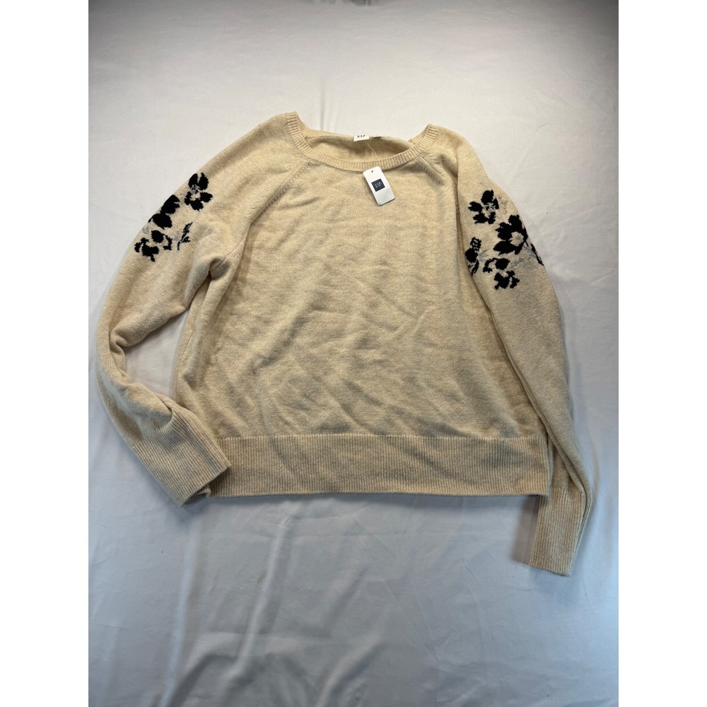Gap Womens XXL Sweater Cream Beige Black Floral Sleeve Long Sleeve Crewneck NWT